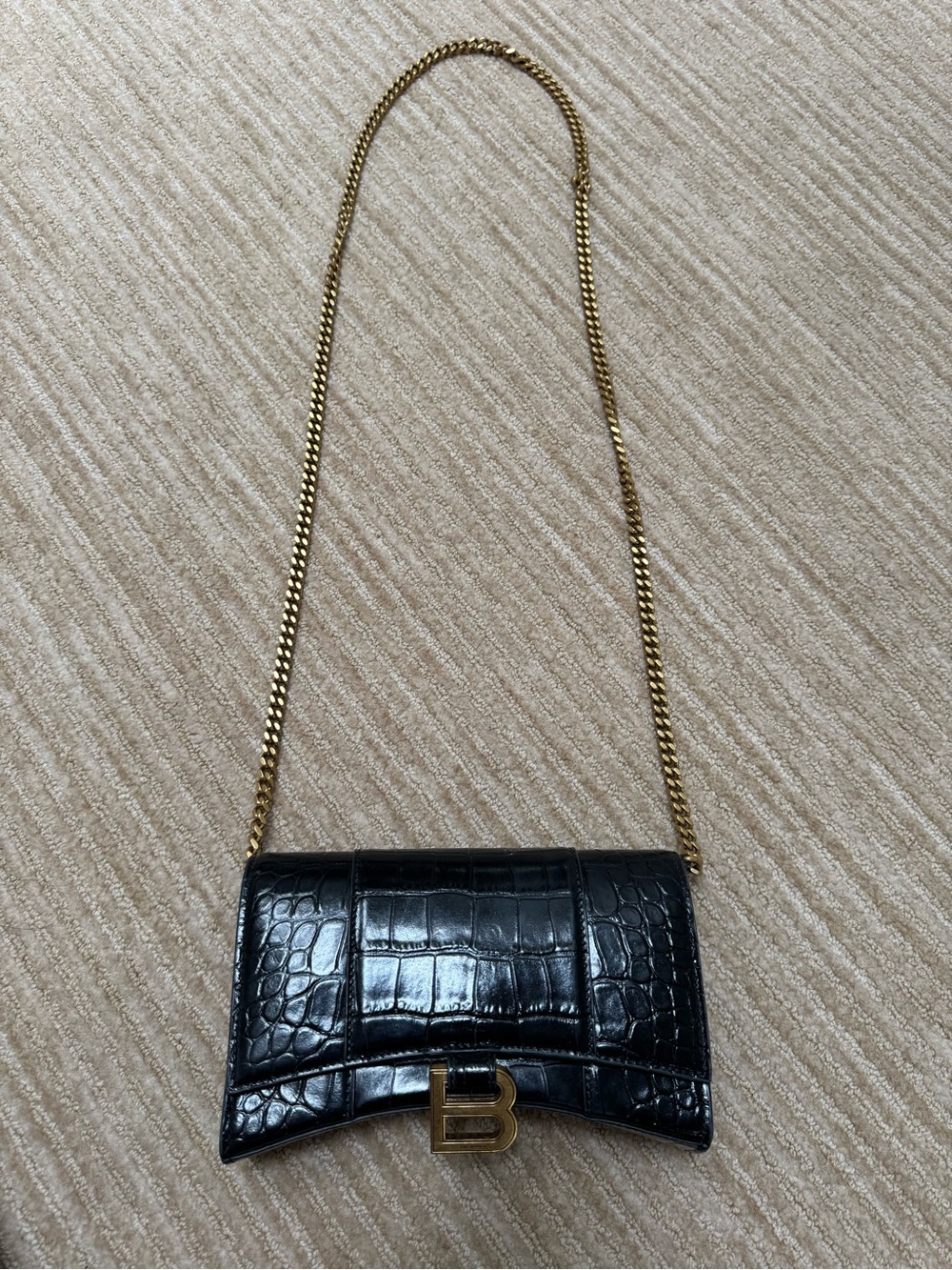 Balenciaga Black Croc-Embossed Chain Shoulder Bag with Gold Hardware